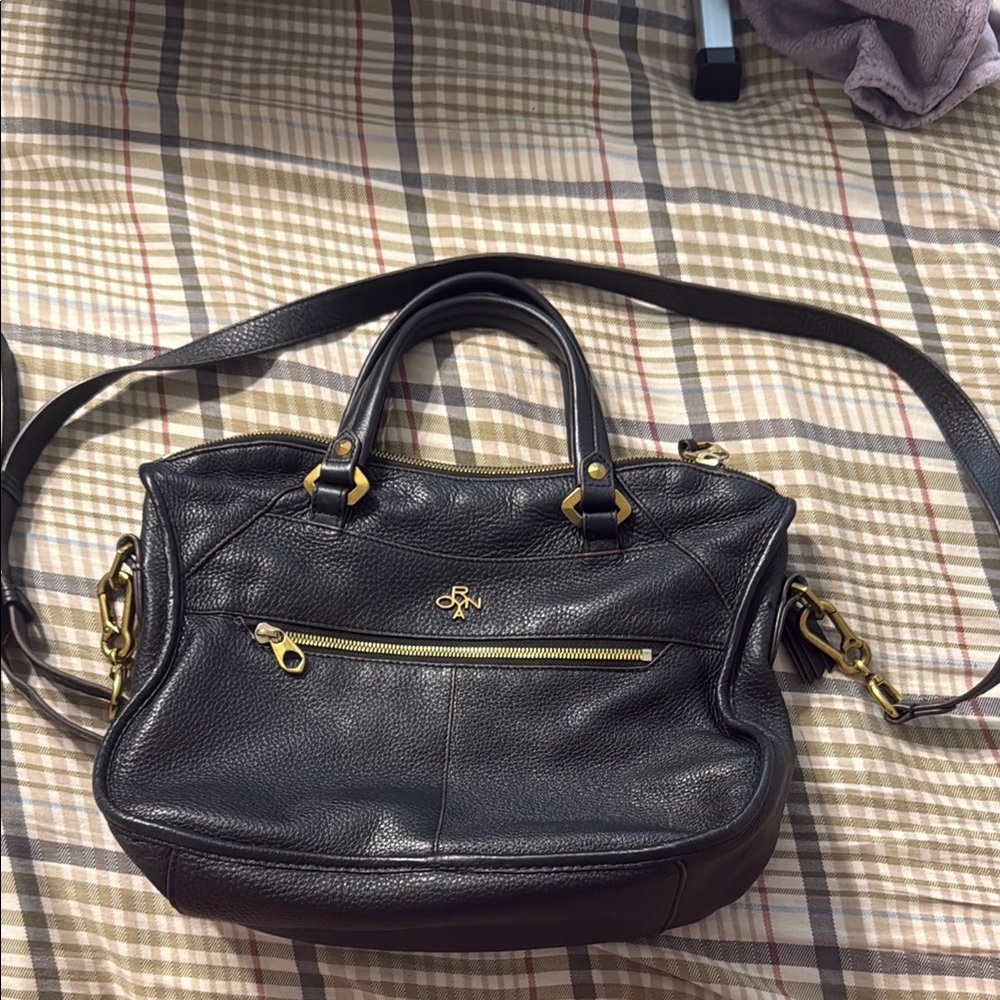 Royna Black Leather Handbag with Gold/Brass Accents